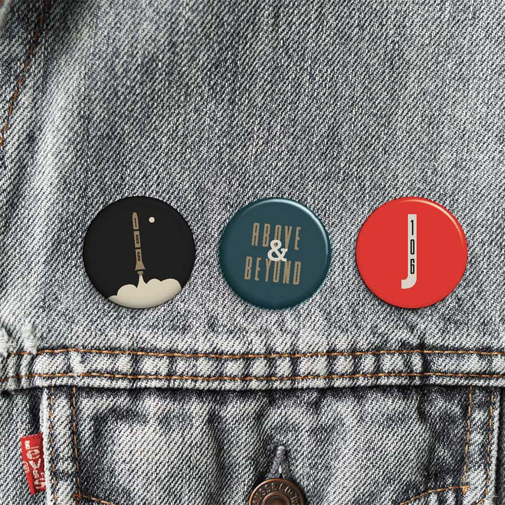 106 Jefferson buttons pinned onto the pocket of a jean jacket