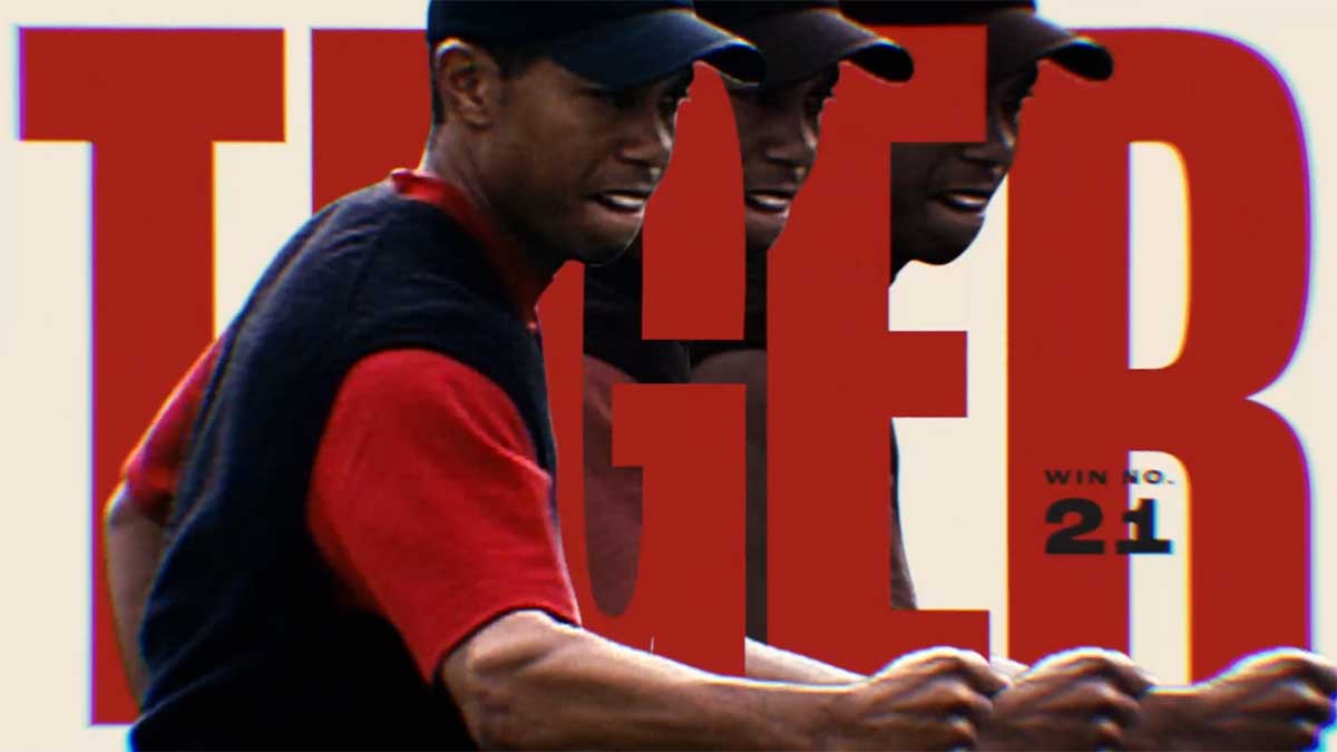 Tiger Woods pumping his first with text that reads Tiger win number 21