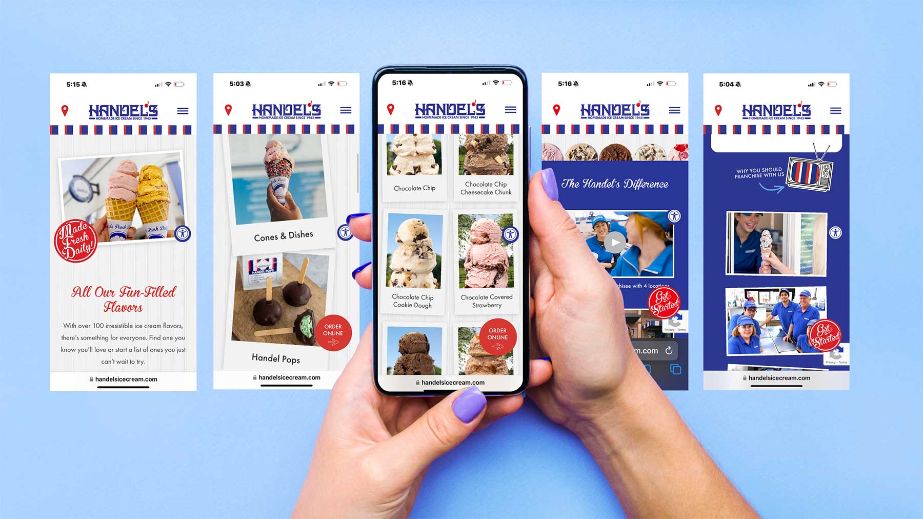 various mobile pages of the Handel's Ice Cream website