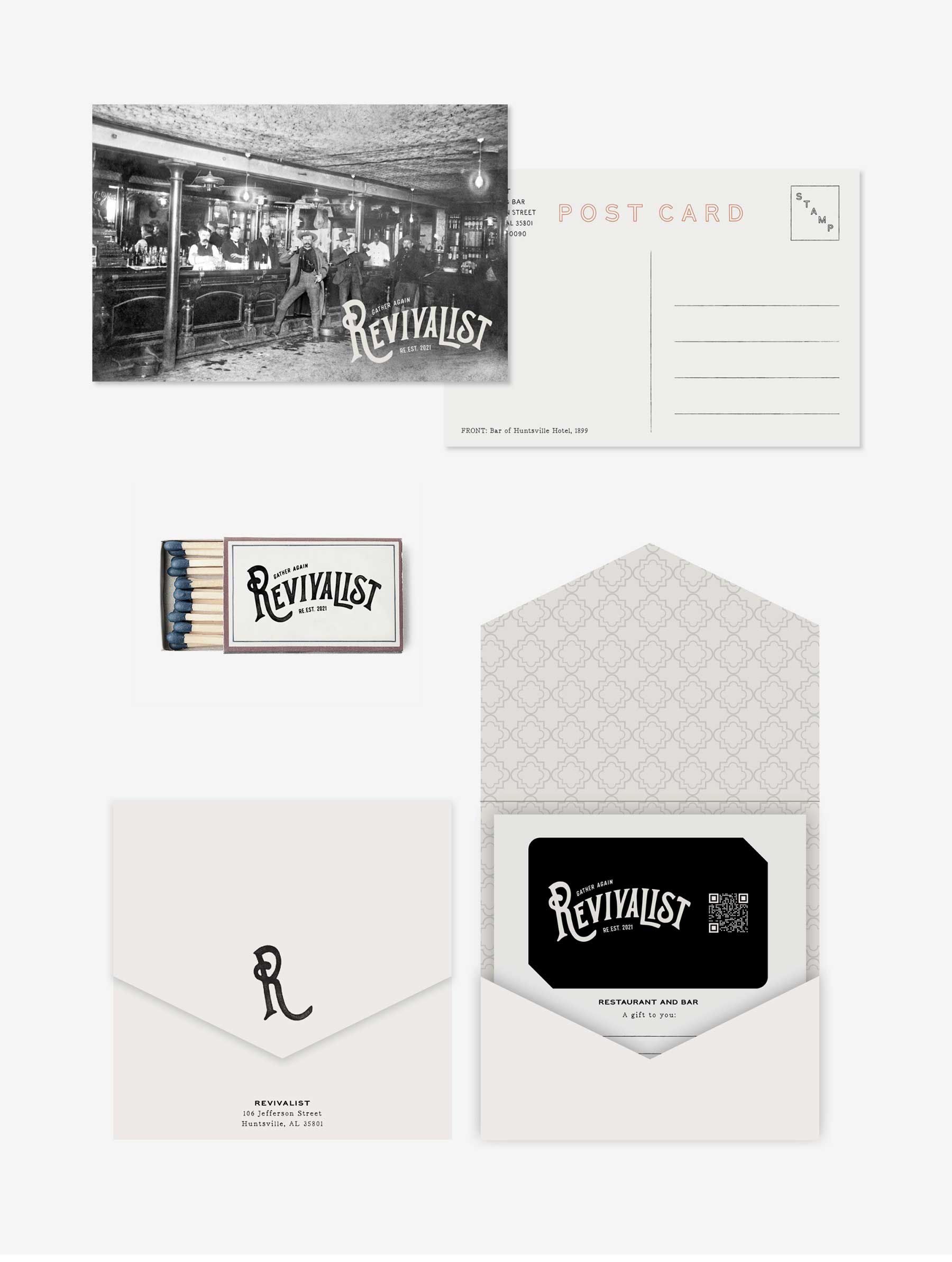 Revivalist postcard, matches and gift certificate