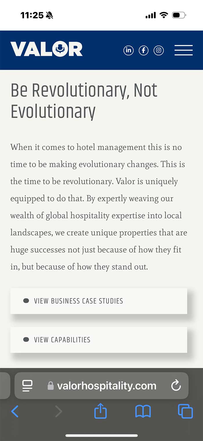 mobile version of the Valor Hospitality website