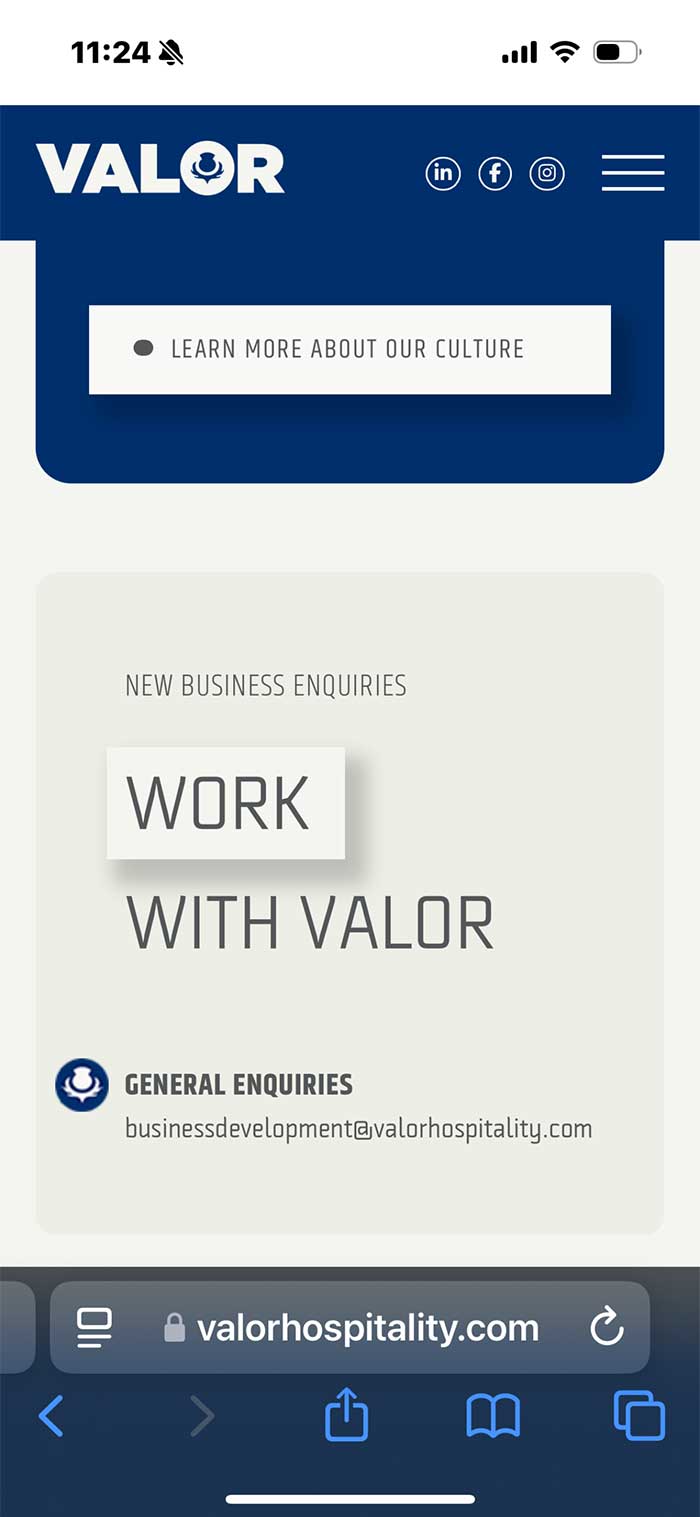 mobile version of the Valor Hospitality website