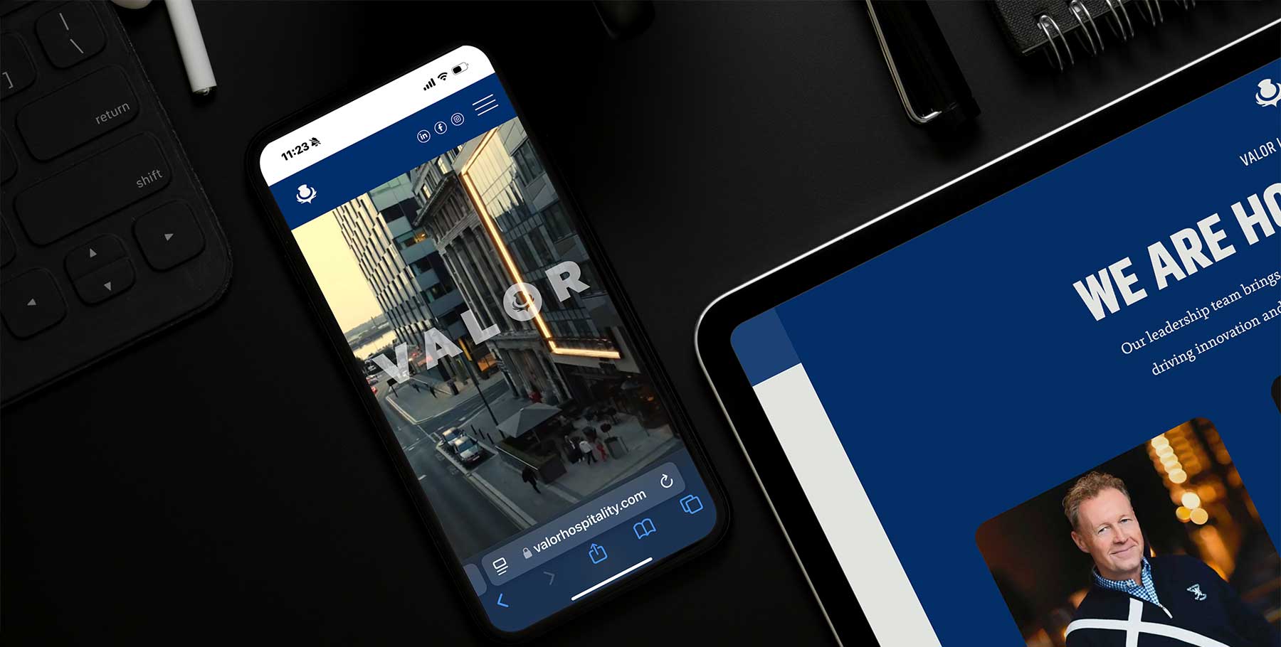 smartphone and tablet showcasing the Valor Hospitality website